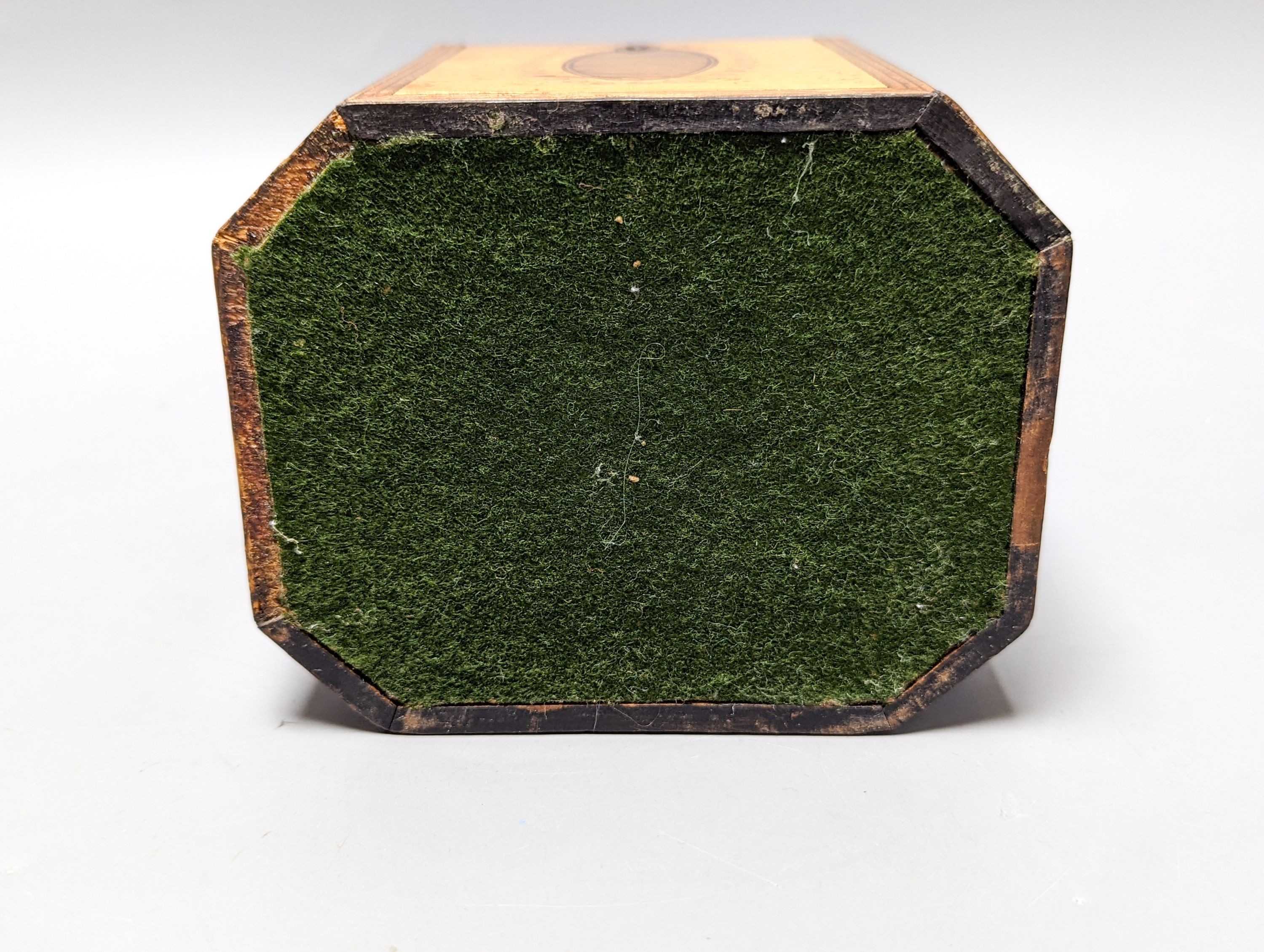 A George III octagonal sycamore and rosewood panelled tea caddy. 13cm